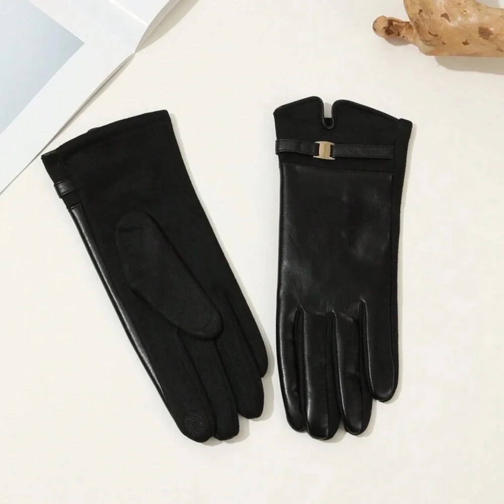 1pair Elegant Solid Color Casual PU Rivet Studded Women Gloves, Autumn/Winter